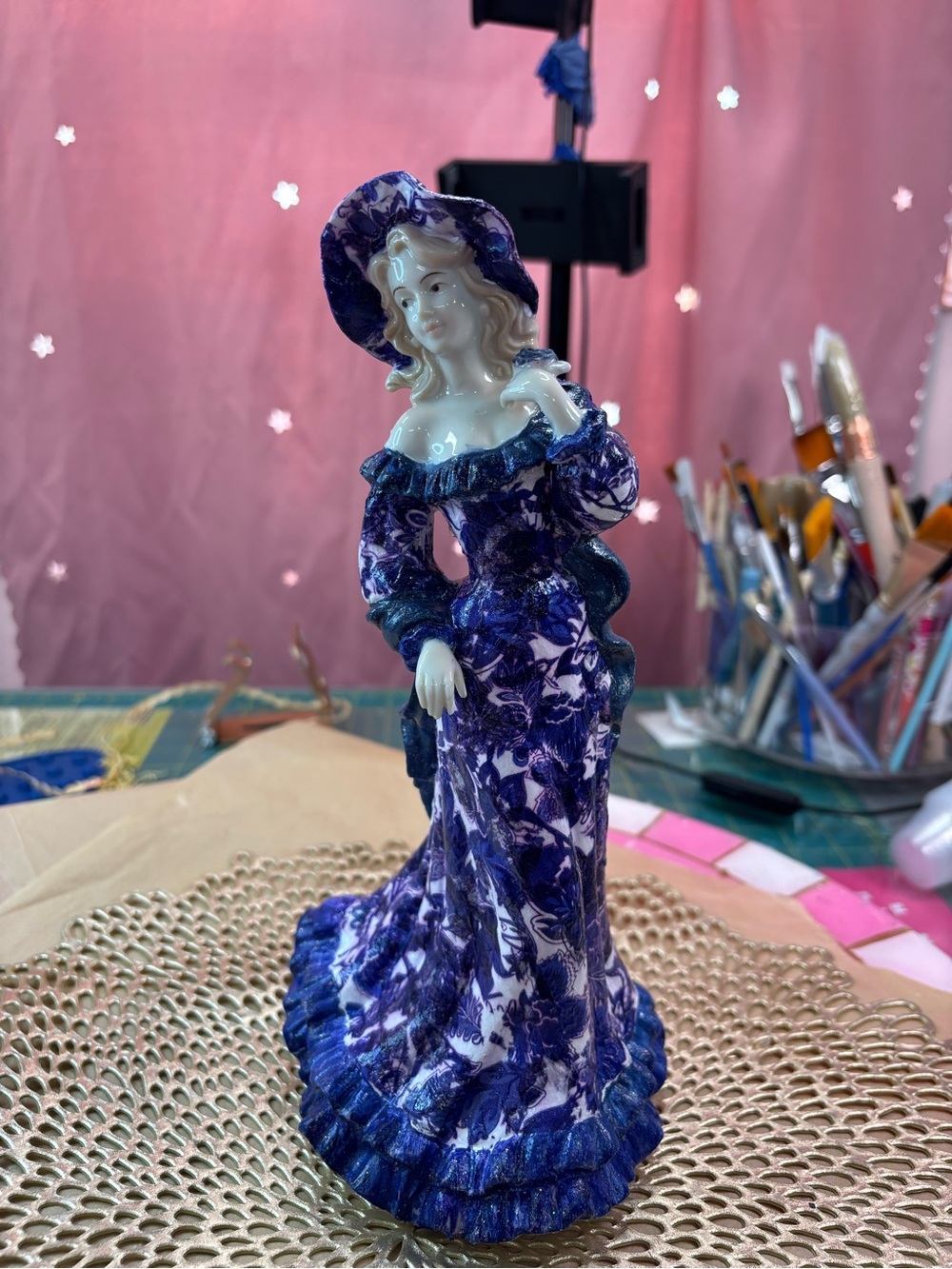 Blue Porcelain Figurine Woman in Floral Dress - Decorative Home Accent